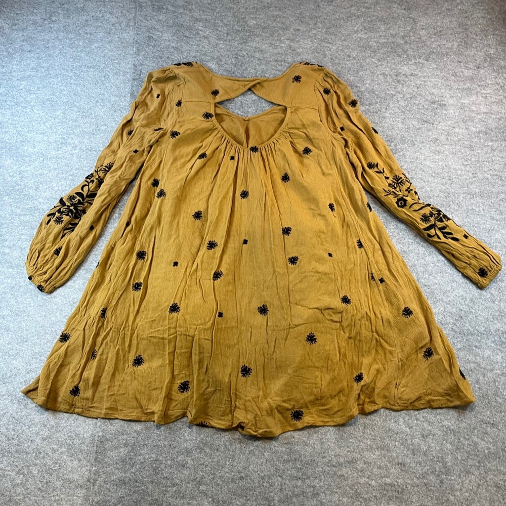 Free People Women Embroidered Mini Dress Mustard Boho Cottagecore XS Long Sleeve - Picture 2 of 7